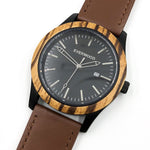 Mens Wood Watches | Zebrawood | Brown Leather