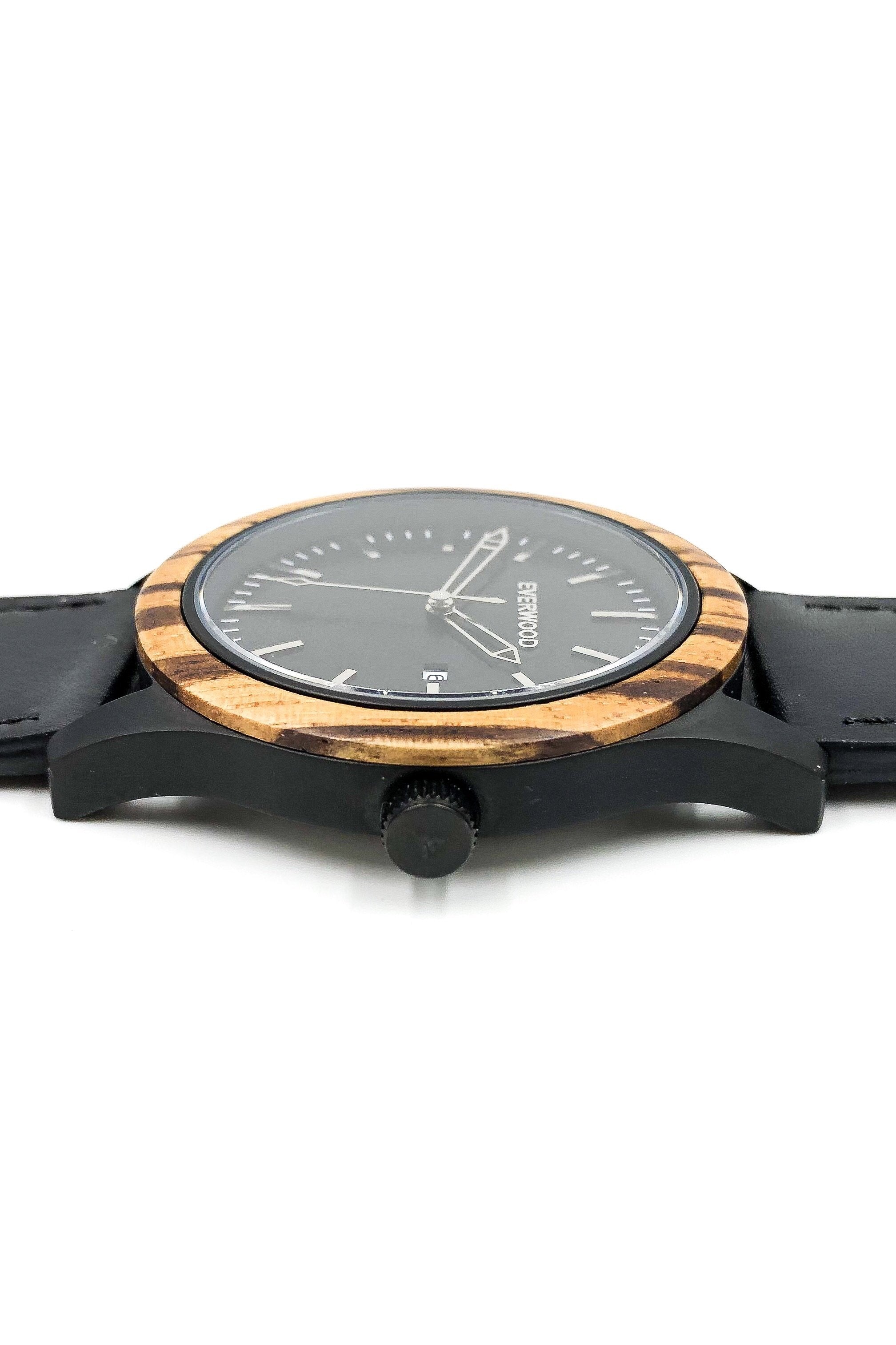 Mens Wood Watches | Zebrawood | Black Leather